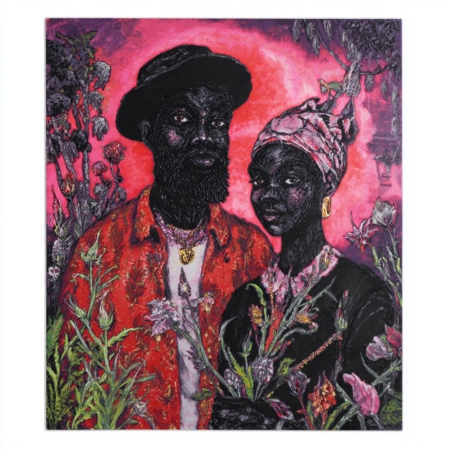 Painting of a couple among flowers on a pink ground