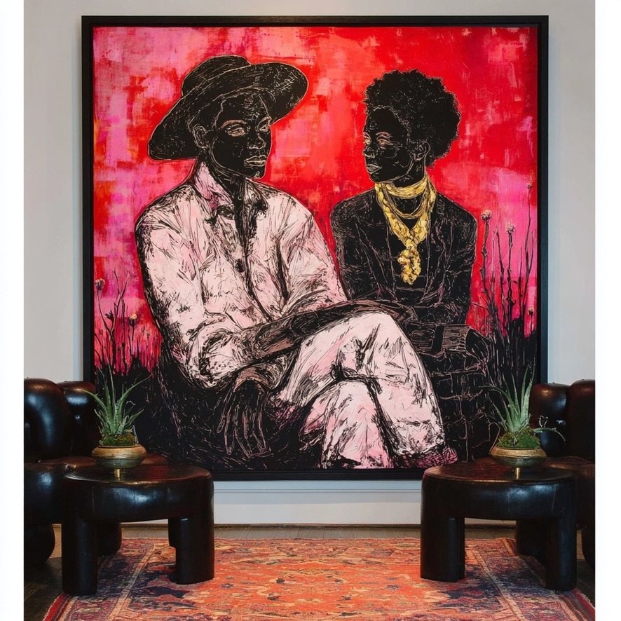 Painting of a seated couple in black, pink and red between two leather chairs
