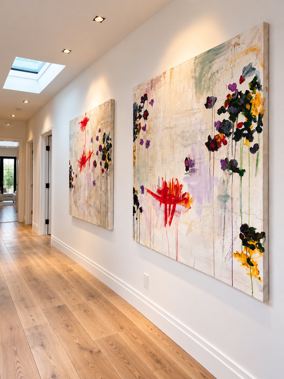 Two large floral paintings on a white hallway wall under a skylight, with wide oak floors