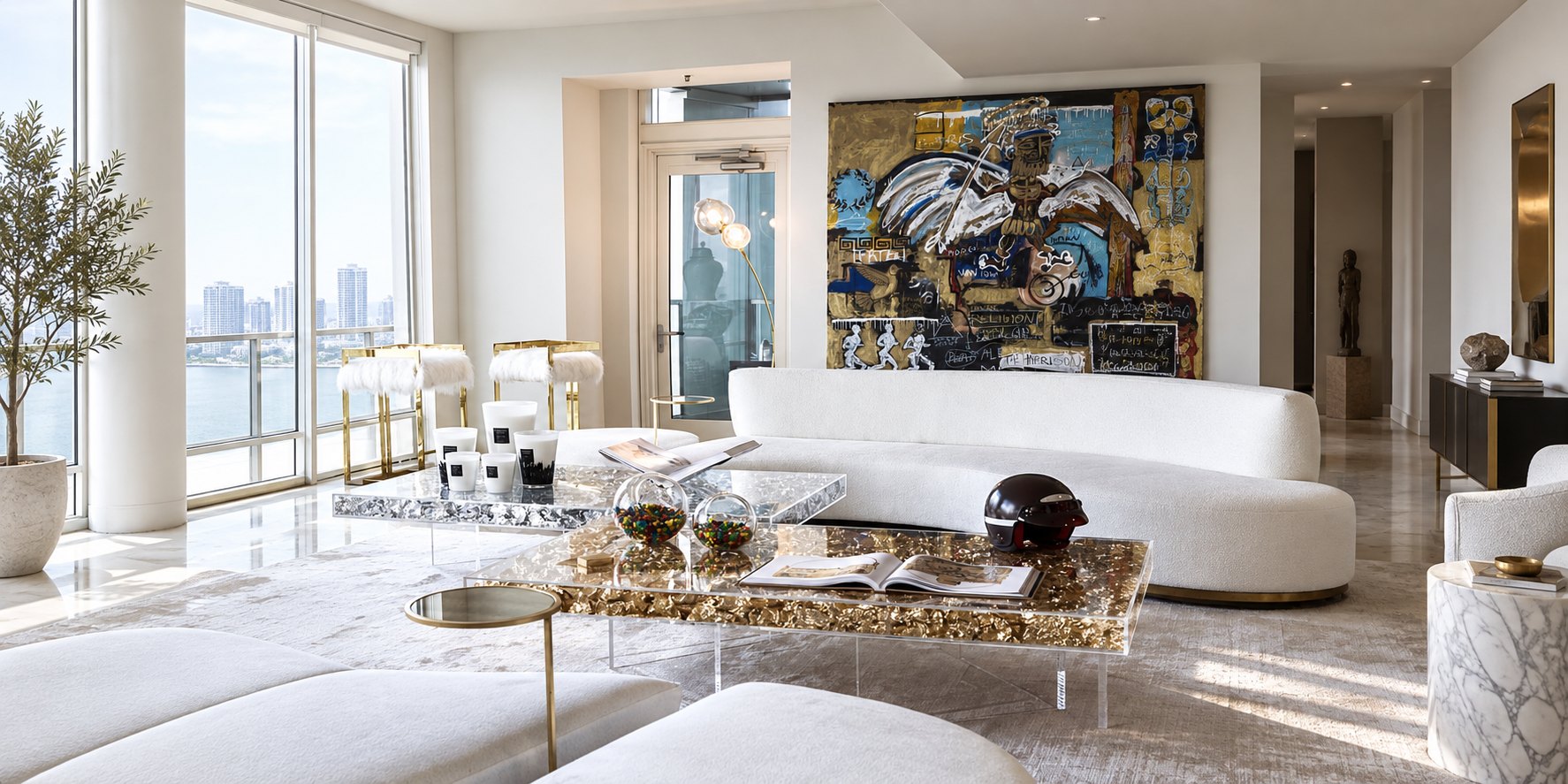 Large gold, black and blue painting above a curved white sofa in a penthouse living room