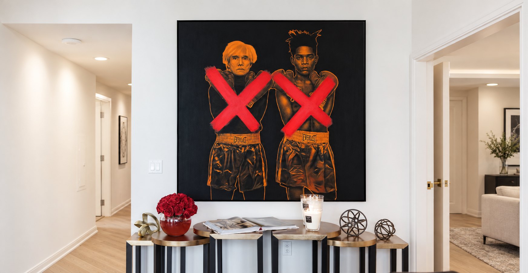 Large black and orange painting of two boxers with red crosses, above a brass console in a white entry