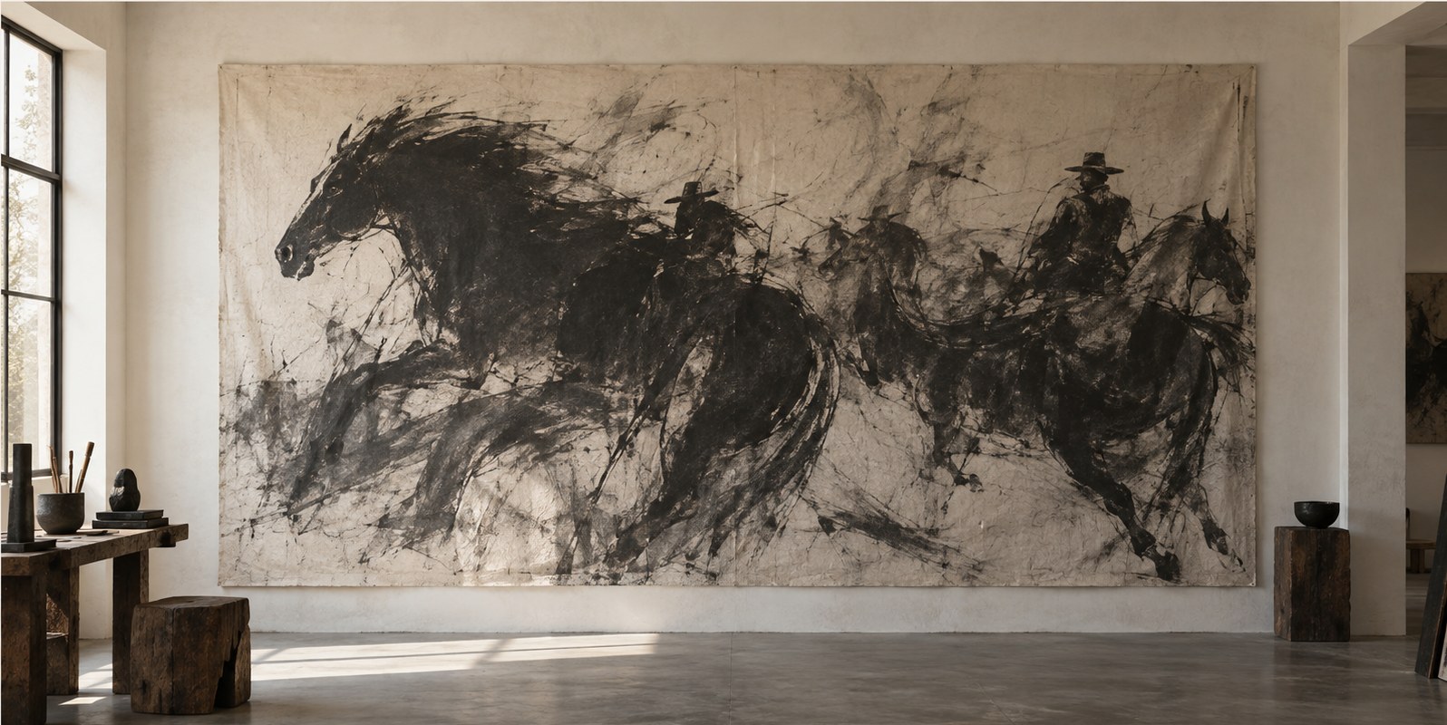 Large ink painting of horses and riders on raw canvas in a plaster-walled studio