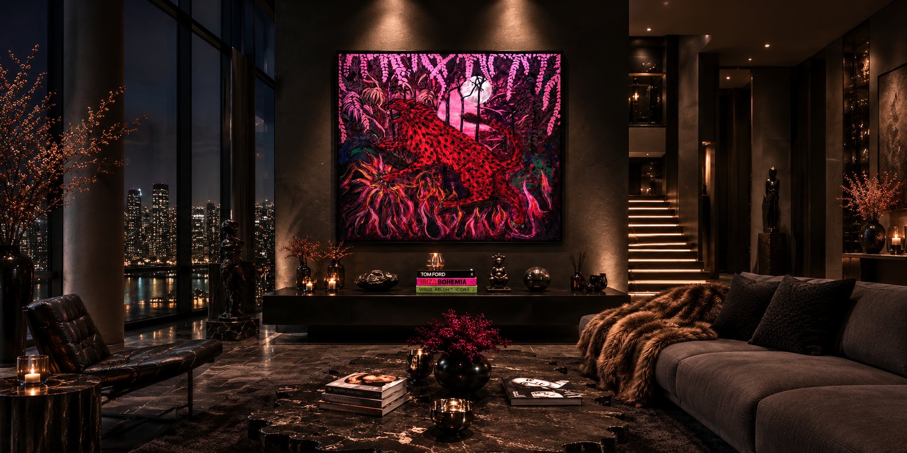 Large red leopard painting under a pink moon, lit on a dark wall in a penthouse living room at night