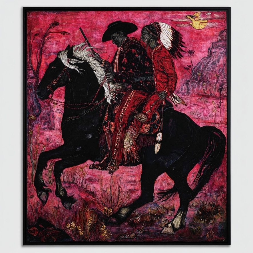 Painting of two riders on a black horse against a red landscape