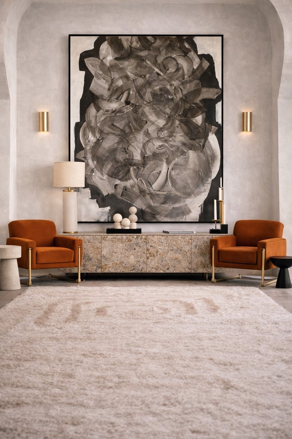 Large black and grey gestural abstract painting above a stone console between two orange armchairs