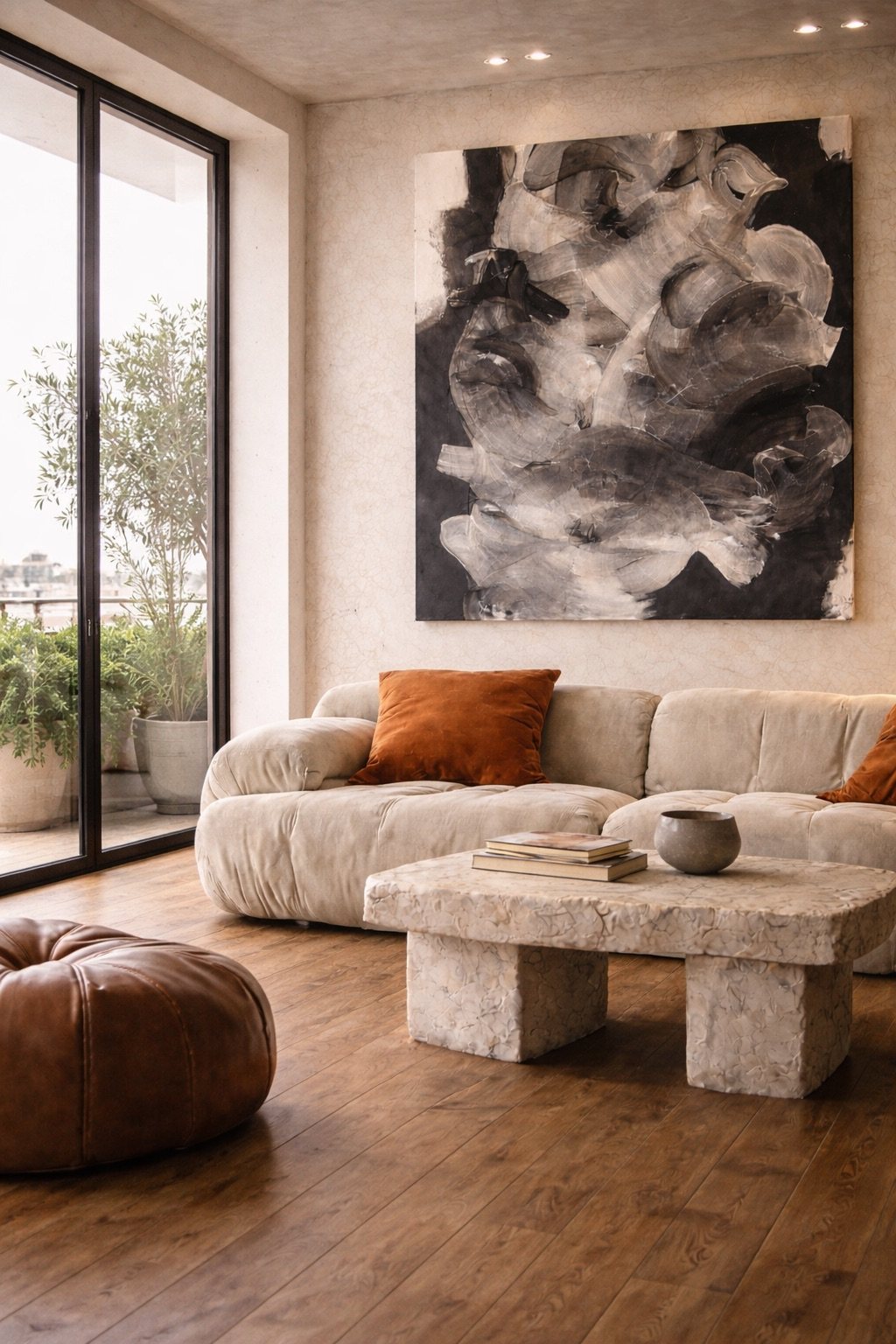 Black and white gestural abstract painting above a beige sofa with rust cushions